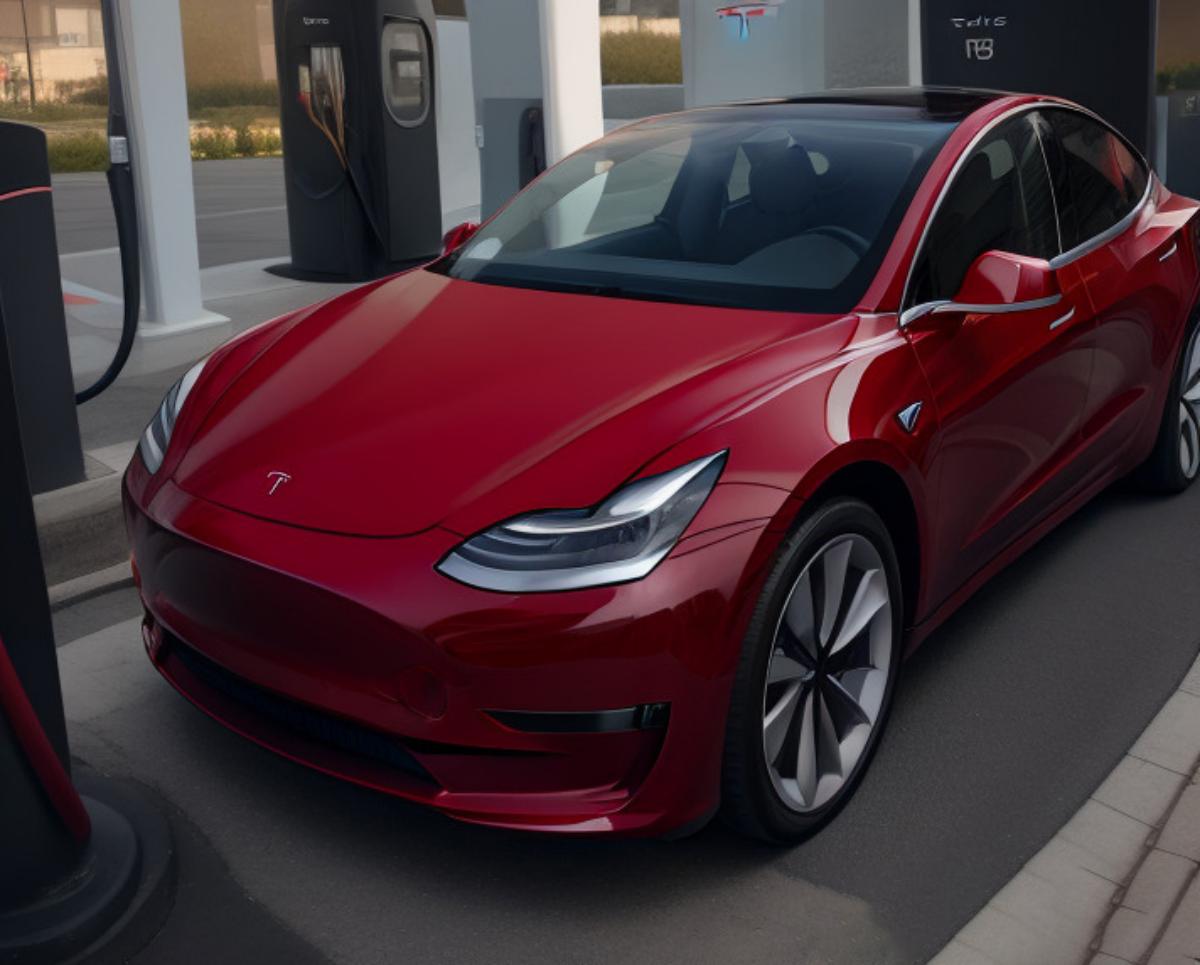 A red Tesla Model 3 charging at a charging station(1).jpg